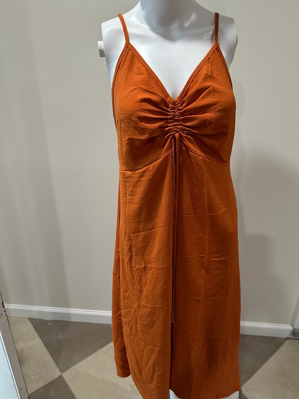 See You Monday Rust Orange Ruched Front Midi Slip Dress